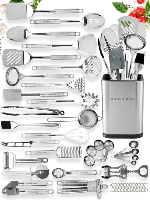 Kitchen Utensil Set, 54-Piece Stainless Steel with Crock