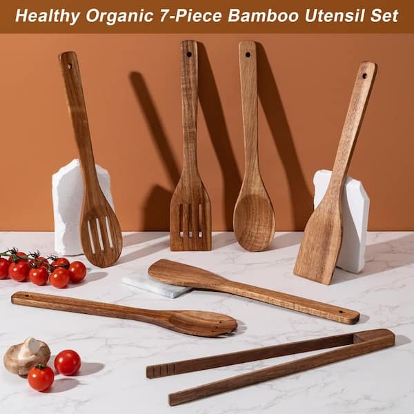 Kitchen Utensil Set Bamboo Texture Wood Toned Hanging Holes