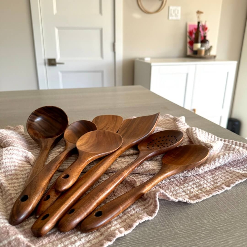Kitchen Utensil Set Dark Wood Grain Satin Finish Hanging Holes