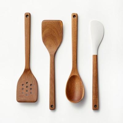 Kitchen Utensil Set Mixed Material Wood Toned White Silicone Head