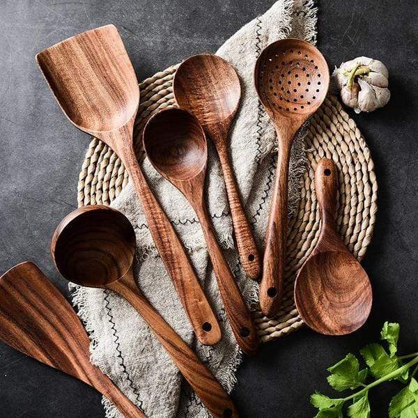 Kitchen Utensil Set Polished Wood Grain 7 Piece Hanging Holes