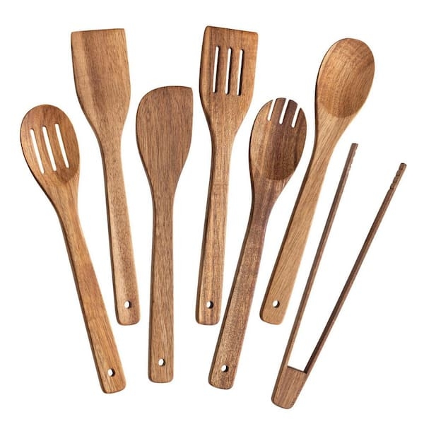 Kitchen Utensil Set Seven Piece Wood Toned Hanging Holes Tongs