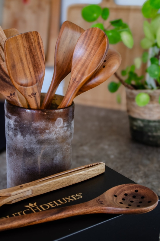 Kitchen Utensil Set Weathered Crock Holder Etched Logo Wood