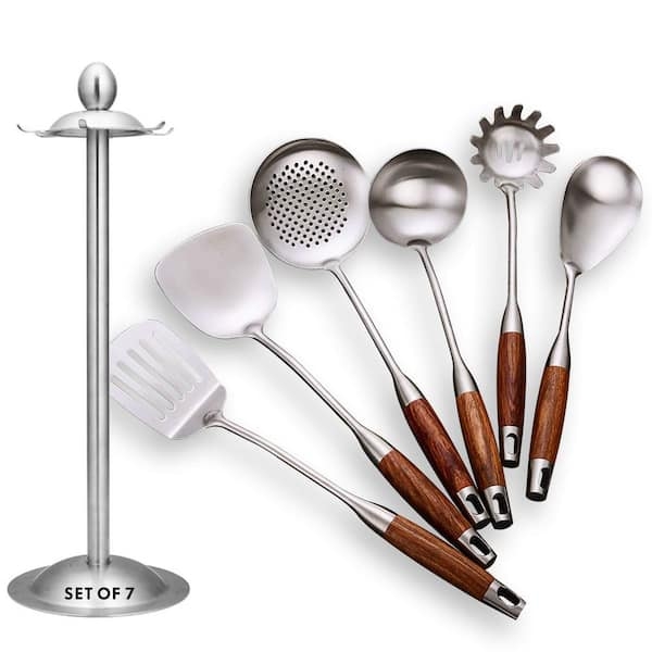 Kitchen Utensil Set with Wood-Toned Handles and Stand