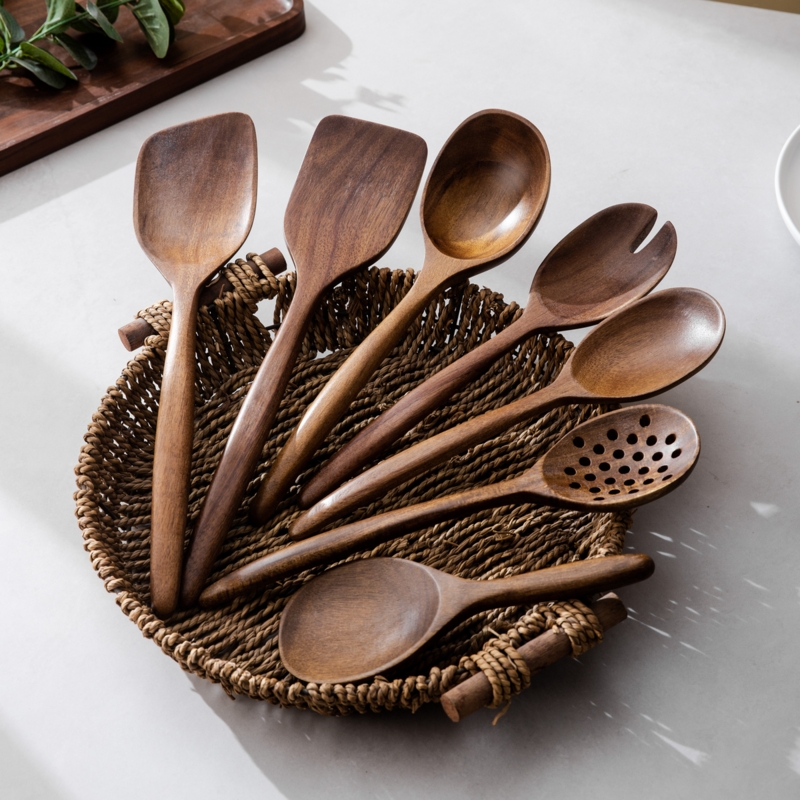 Kitchen Utensil Set Woven Basket Storage Wood Toned Matte Finish