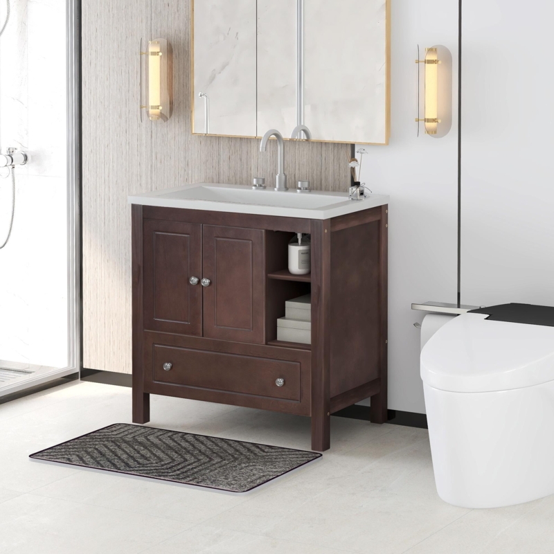 Ktaxon Modern 32 Inch Bathroom Vanity Set with Sink Ceramic Top,  Freestanding Bathroom Cabinet Storage Space Saver Organizer, Brown  Finish(Split Two Packages for Delivery) -