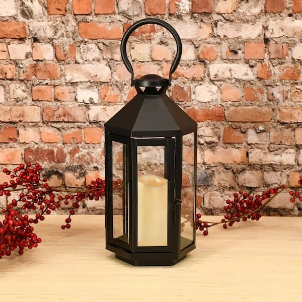 Lantern Hexagonal Silhouette Matte Black Large Loop Handle LED