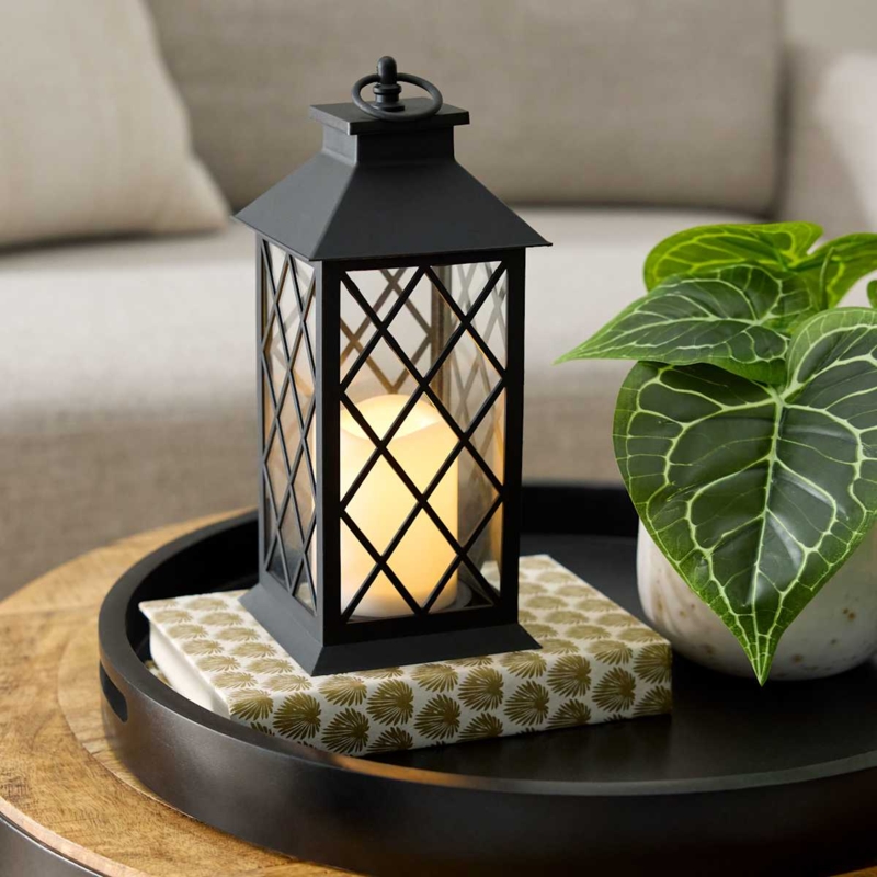 Lantern Matte Black Lattice Frame Integrated LED Candle Timer Function