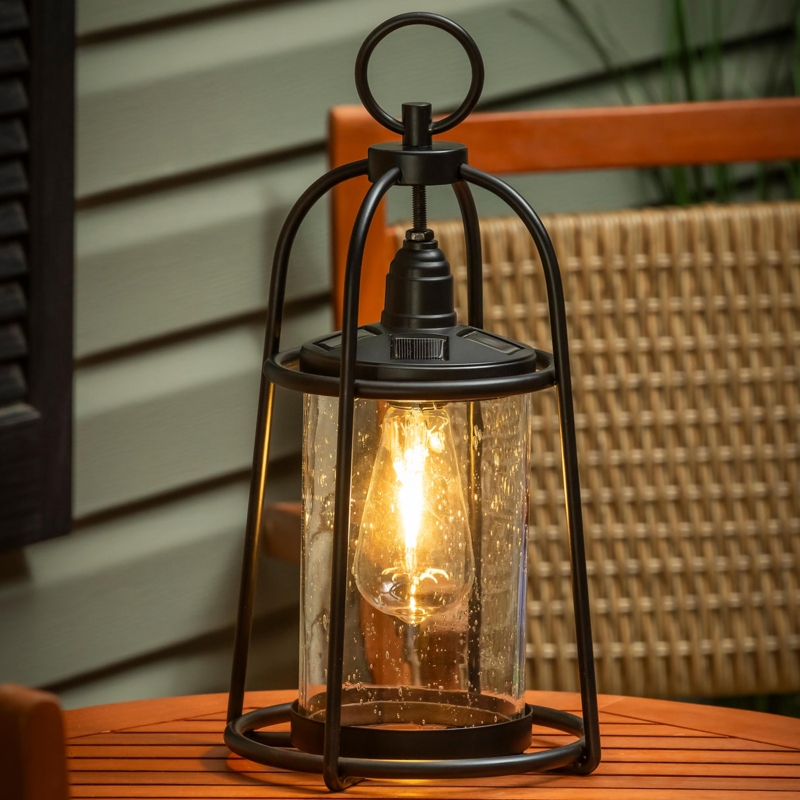Lantern Seeded Glass Solar Powered Industrial Outdoor Decor