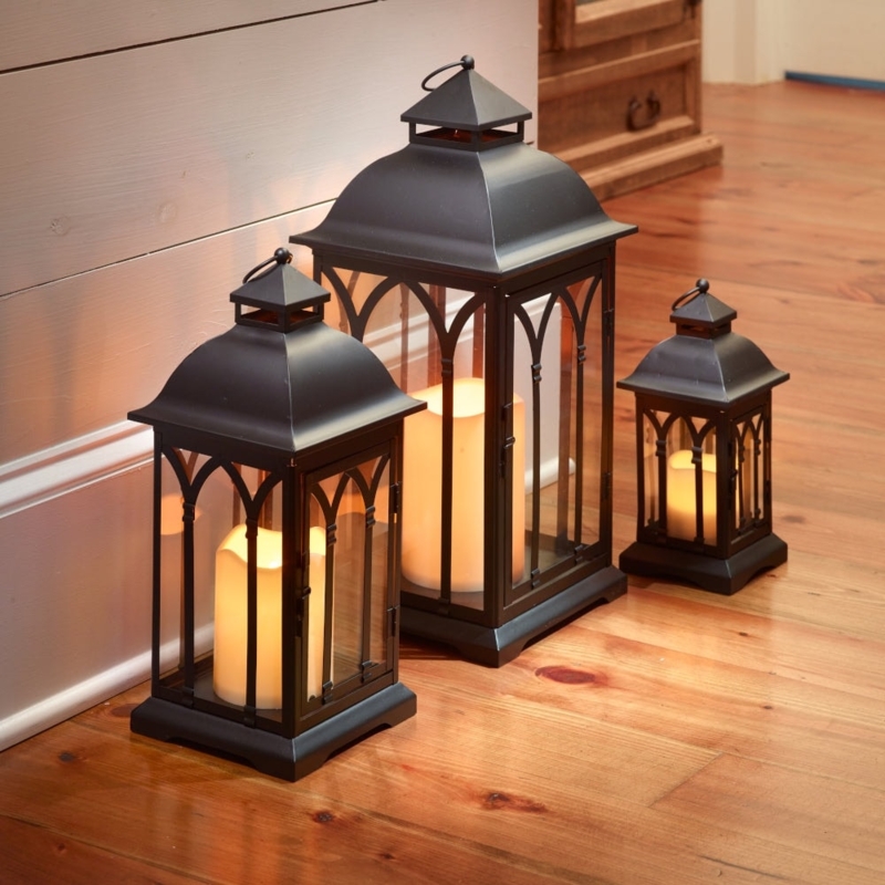 Lantern Set Black Metal Gothic Arch Detailing Traditional Flameless