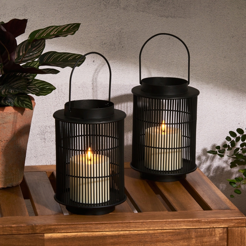 Lantern Set Black Ribbed Metal Cage Flameless Candle Modern Patio