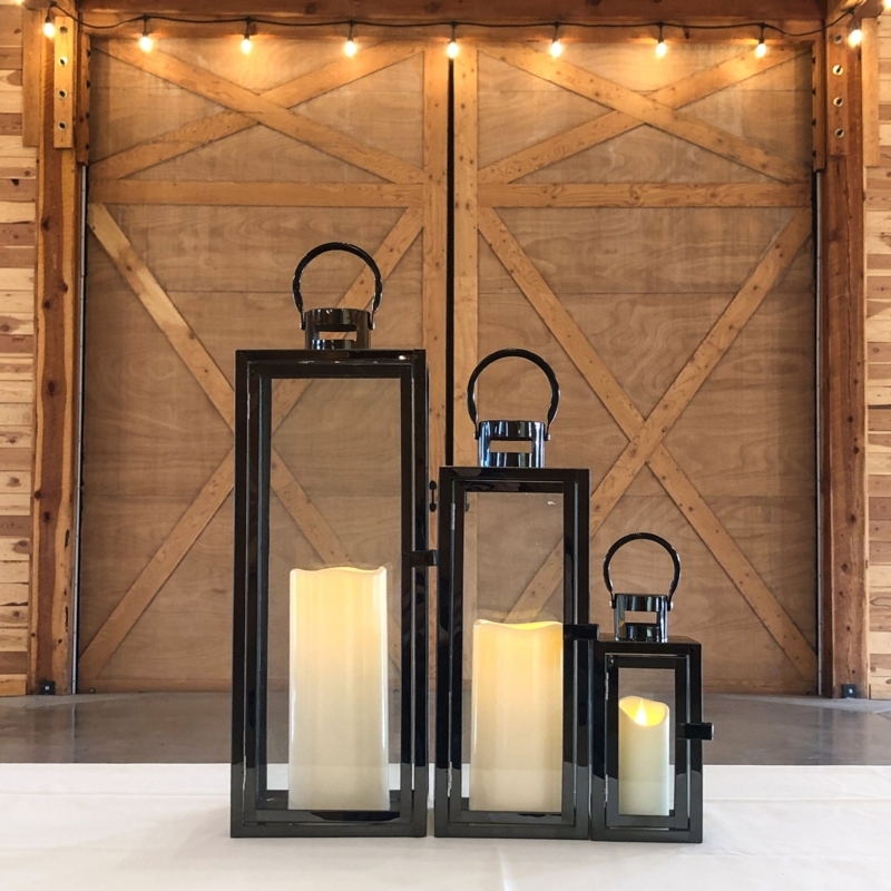 Lantern Set Tiered Heights Glossy Black Ring Handles for Modern Farmhouse