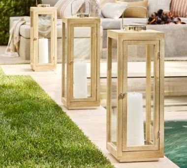 Lantern Set Wood Toned Rectangular Glass Coastal Rustic Patio Decor