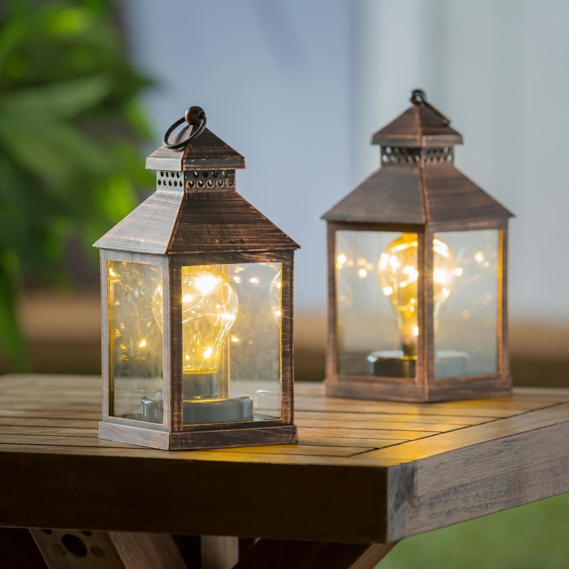 Lanterns with Fairy Light Bulbs, Brushed Bronze Finish, Set of 2