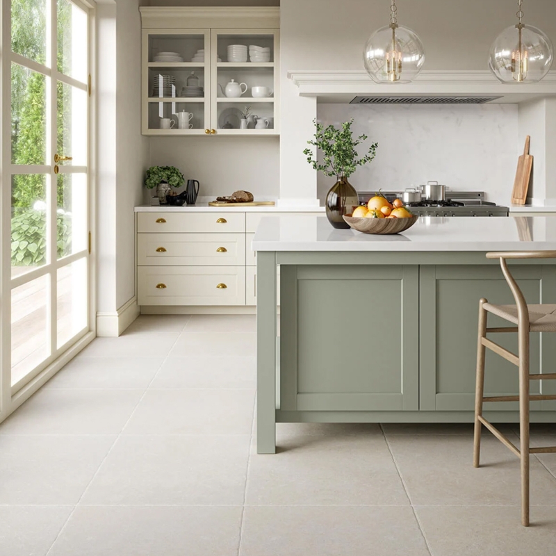 Large Format Tiles in Cream with Sage Green Island and Glass Pendants