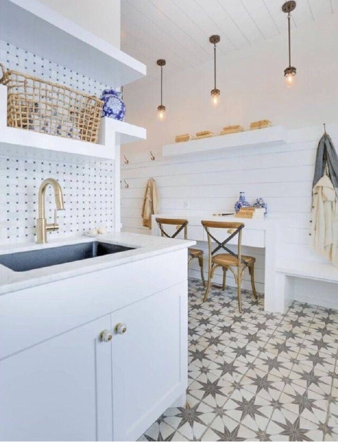 Laundry Room Layout with Shiplap Paneling and Star Tile
