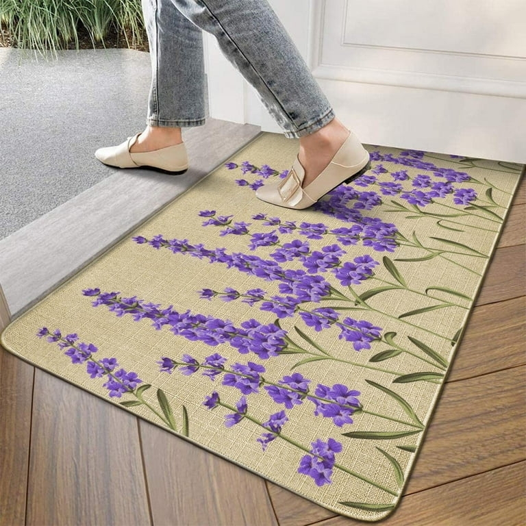 Lavender Floral Door Mat Beige Linen Texture Low Profile Cottagecore