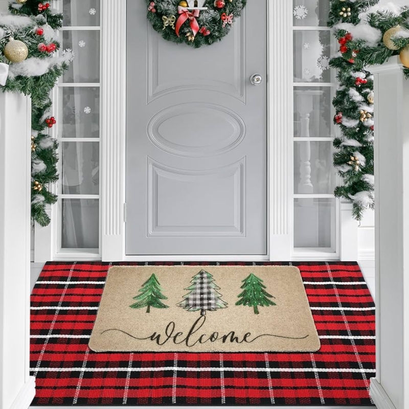 Layered Coir Doormat Set with Buffalo Plaid and Christmas Tree Design