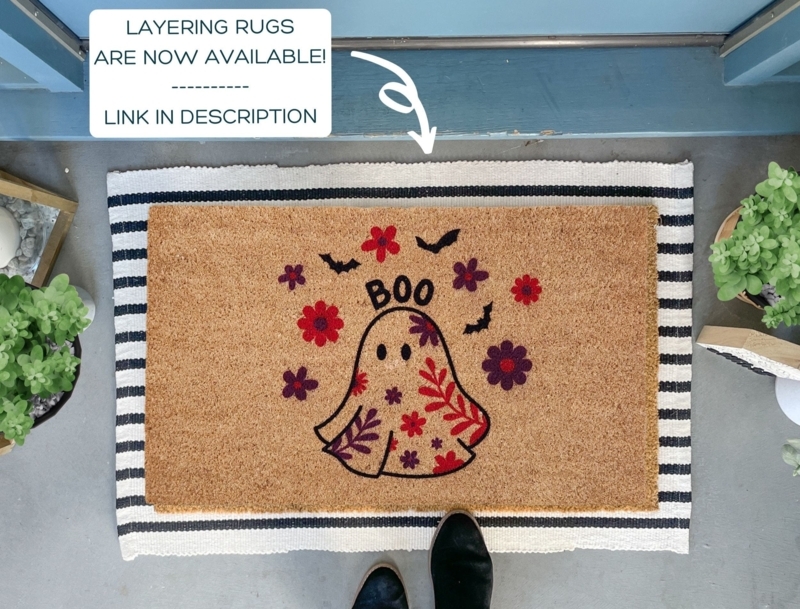 Layered Doormat Set Floral Ghost Motif on Striped Rug Front Porch Decor