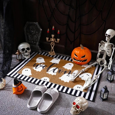 Layered Doormat Set Ghost Pattern Coir Mat on Striped Rug Spooky Decor