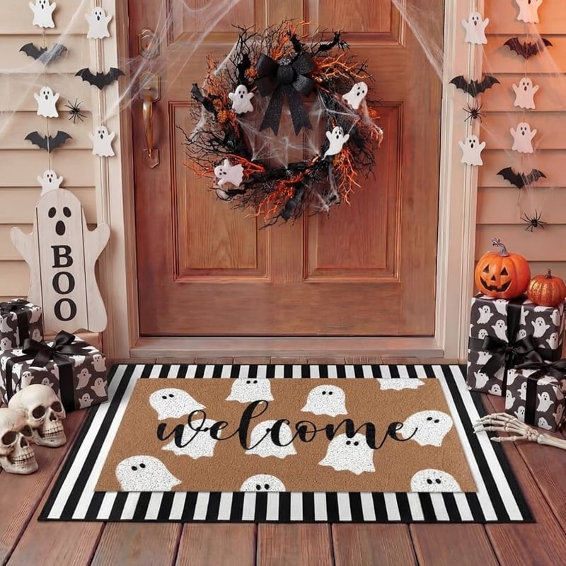 Layered Doormat Set Ghost Print on Striped Rug Spooky Porch Decor