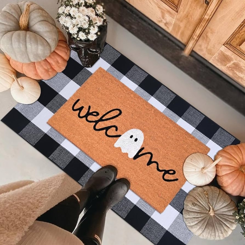 Layered Doormat Set Ghost Welcome Graphic Buffalo Plaid Rug Styling