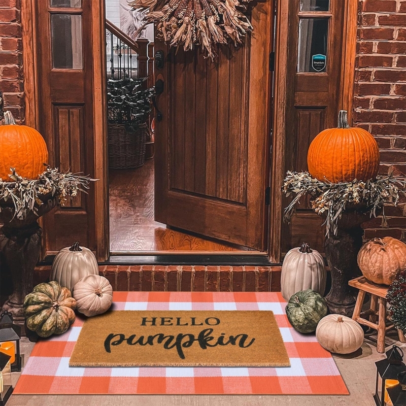 Layered Fall Doormat Set, Orange Buffalo Plaid & Hello Pumpkin Coir