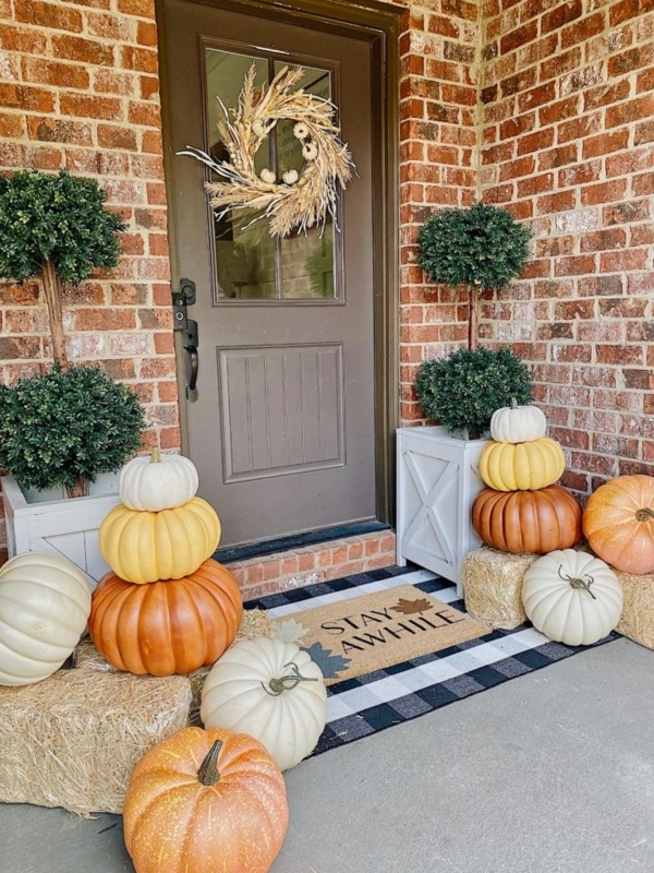 Layered Fall Porch Doormat, Modern Farmhouse Buffalo Check & Stay Awhile