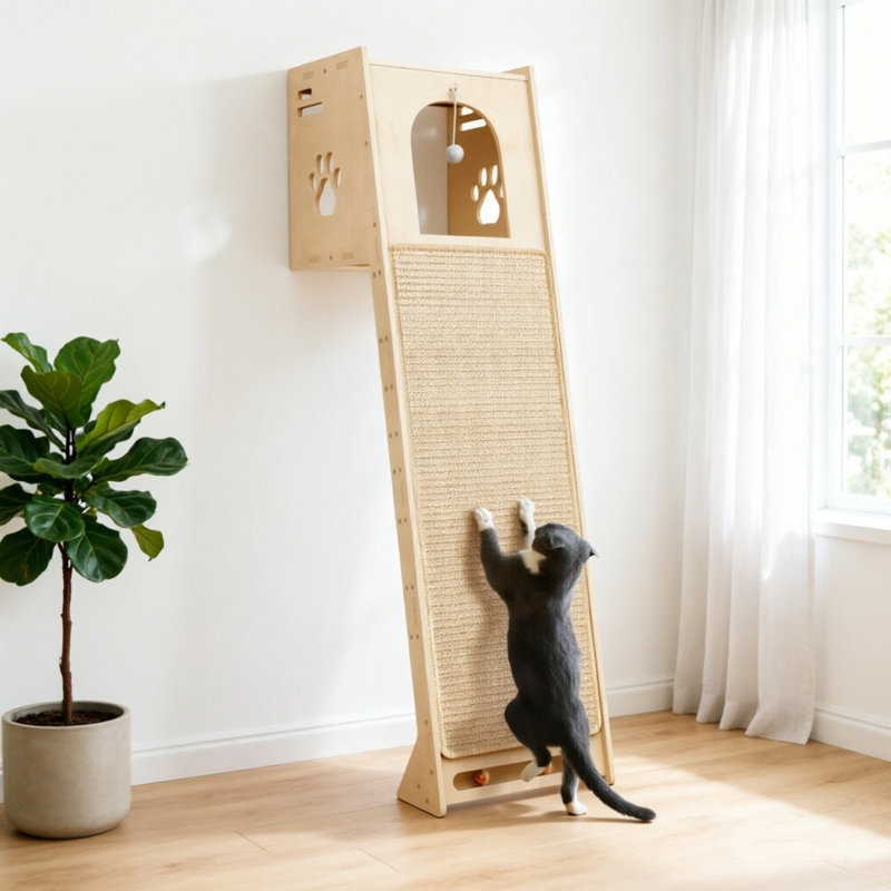 Leaning Cat Tower With Paw Cutouts & Scratching Mat, Wood