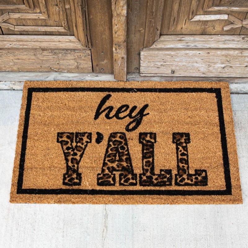 Leopard Print Text Doormat Southern Greeting Hey Y'all