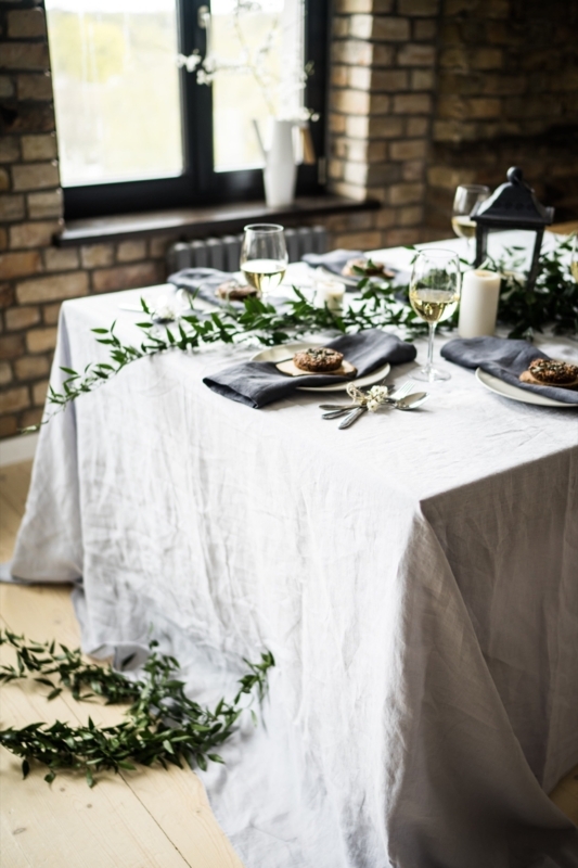 Light Gray Linen Tablecloth with Floor Length Drape for Industrial Lofts.