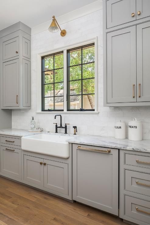 Light Gray Shaker Kitchen Cabinets with Apron Front Sink & Mixed Metals