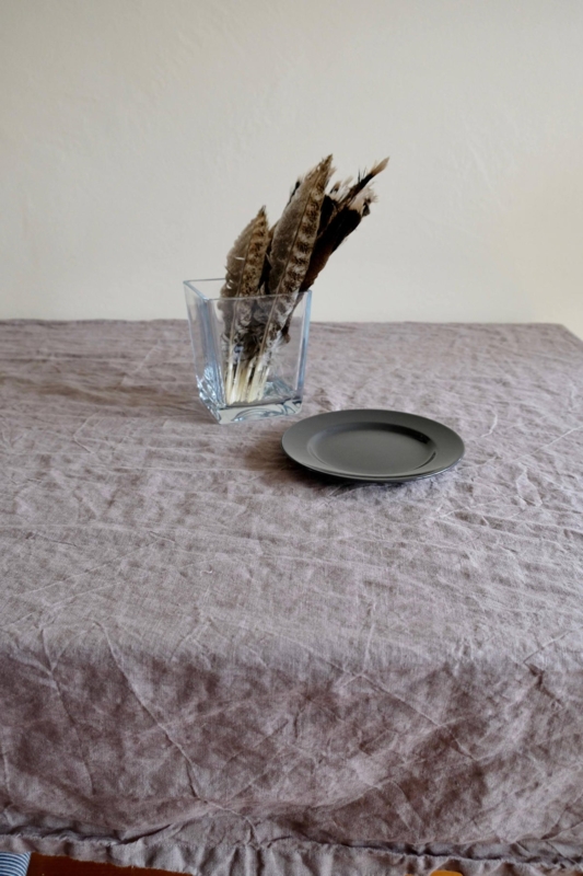 Light Grey Linen Tablecloth with Wrinkled Texture and Minimalist Look.