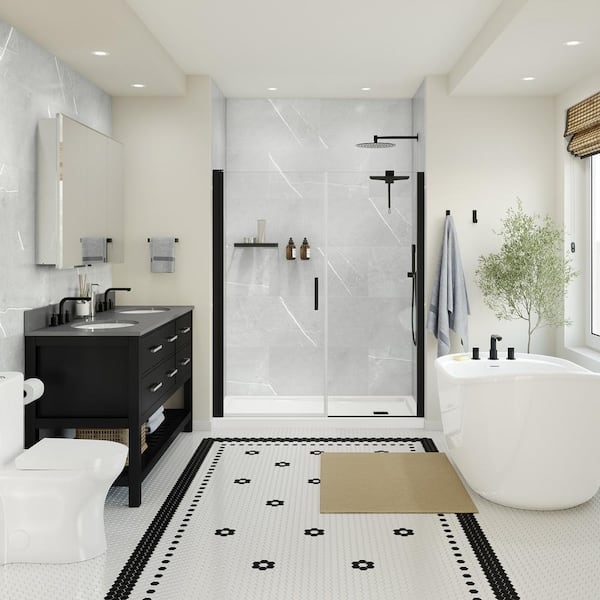 Light Grey Marble Look Shower Panels with Floral Mosaic Floor Tile