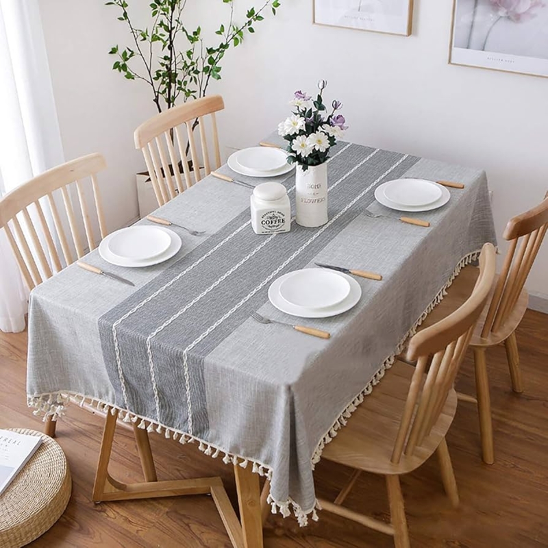 Light Grey Tablecloth Striped Tassel Fringe Hem Modern Farmhouse