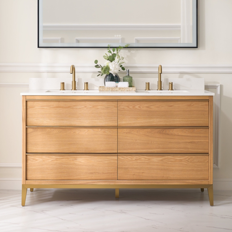 Light Oak Double Bathroom Vanity with Gold Metal Base