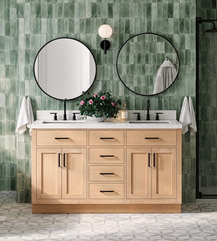Light Oak Double Sink Vanity, Black Hardware & Round Mirrors