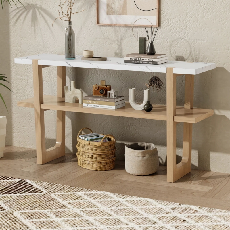 Light Wood Console Table with Marble-Effect Top & Open Shelf