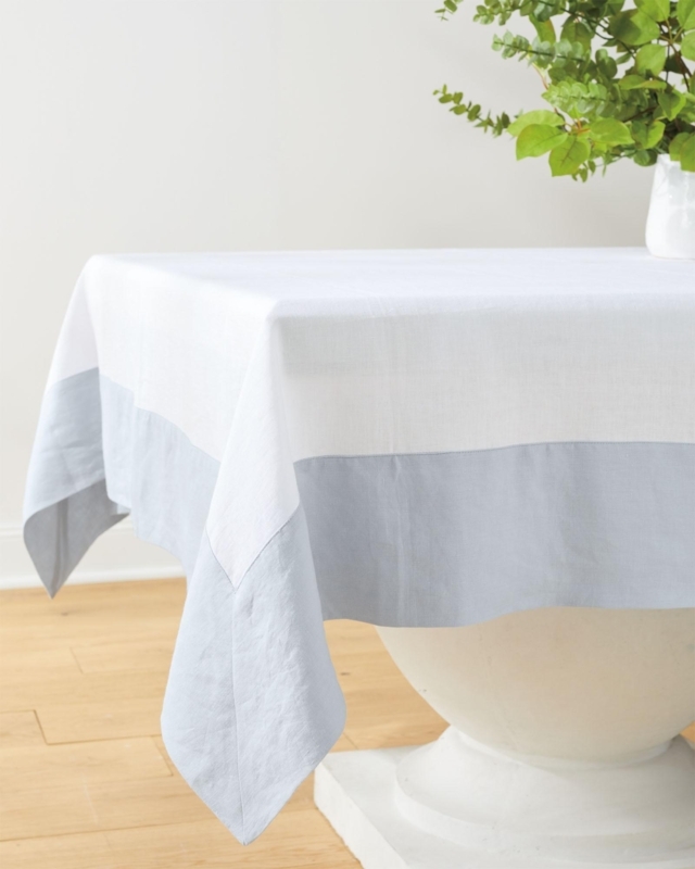 Linen-Like Tablecloth with Mitered Blue Border Detail