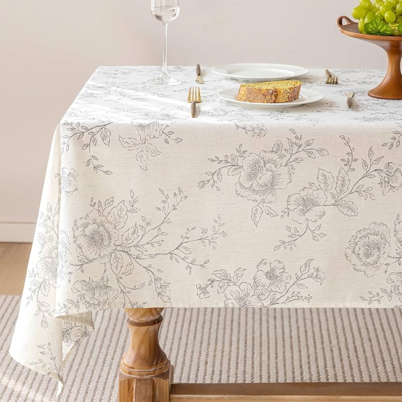 Linen Like Tablecloth with Monochrome Floral Print, Cream and Gray Cottage