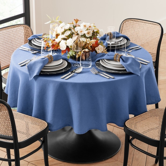 Linen Round Tablecloth in Muted Blue for Modern Organic Dining