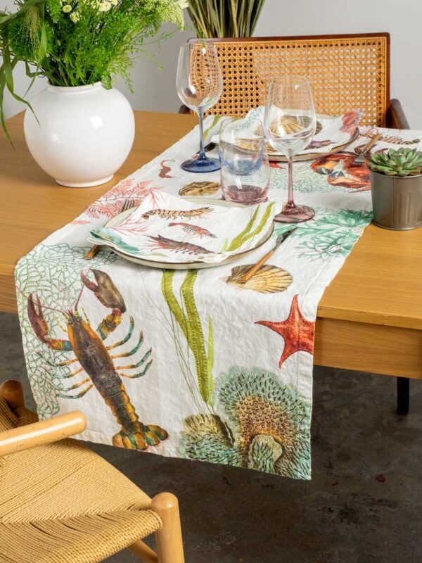 Linen-Textured Table Runner with Illustrated Marine Life