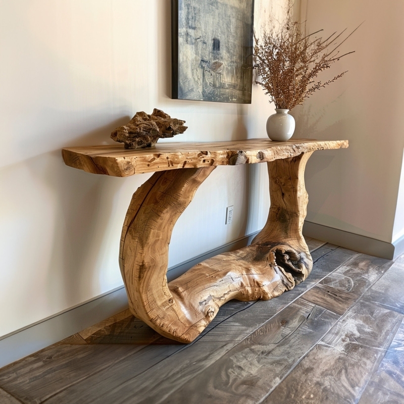 Live Edge Console Table with Sculptural Base and Slab Top
