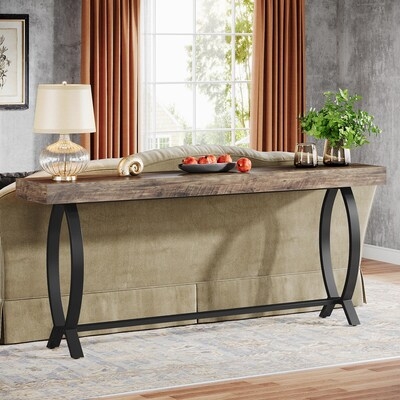 Long Console Table with Thick Wood Top and Curved Elliptical Legs