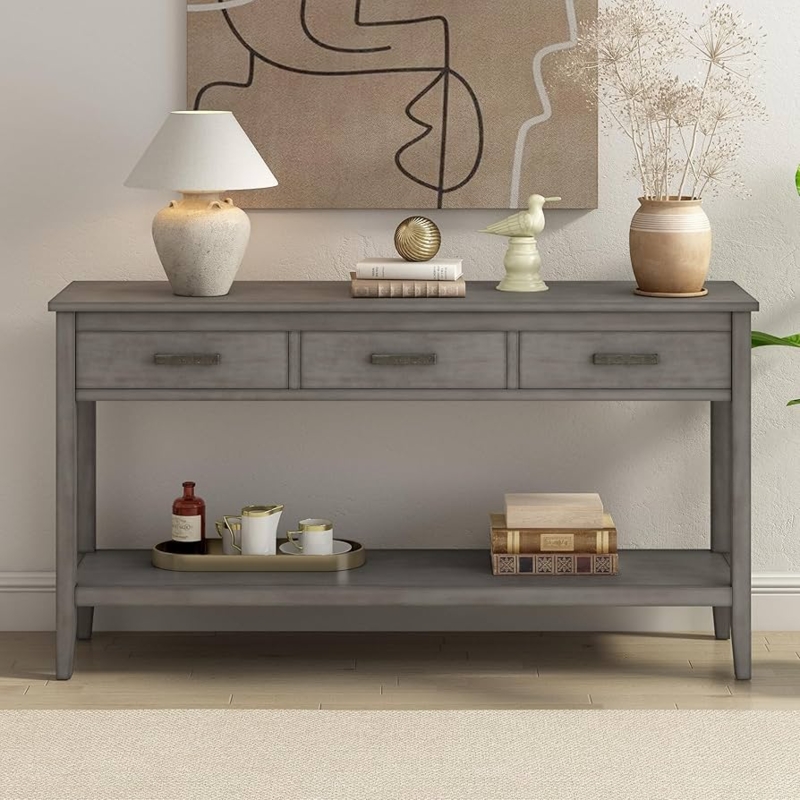 Long Entryway Console Table Wood Grain Three Drawers Shelf