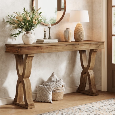 Long Solid Wood Console Table with X-Shaped Legs & Distressed Finish