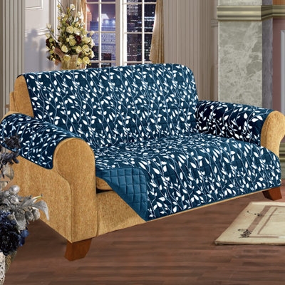 Loveseat Slipcover Quilted Navy Trailing Leaf T-Cushion Traditional