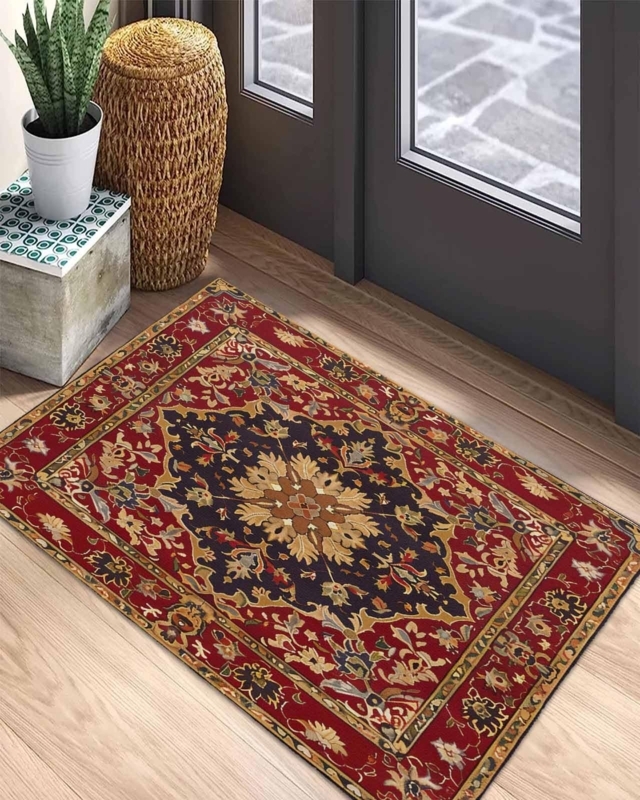 Low-Pile Doormat Vintage Red Black Floral Medallion Entryway Rug