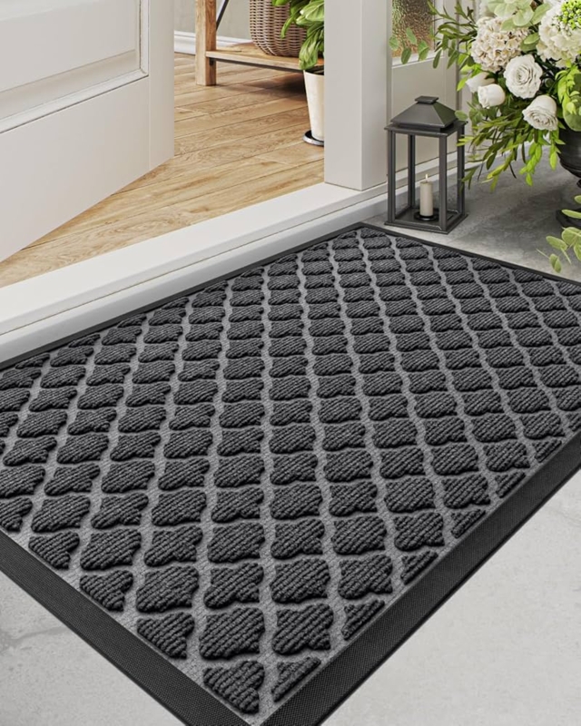 Low Profile Door Mat, Charcoal Geometric, Heavy Duty, Non Slip