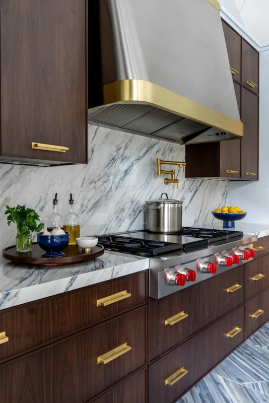 Luxury Kitchen: Dark Wood Cabinets, Blue Veined Marble Backsplash